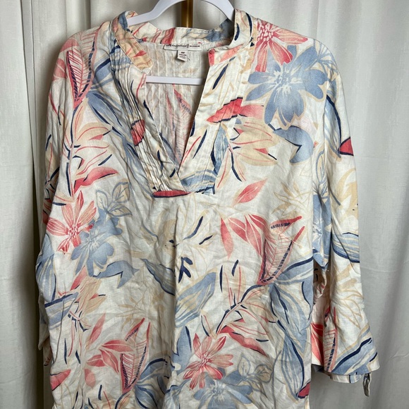 JM Collection Blue and Pink Relaxed Blouse with Mandarin Collar - Picture 1 of 3